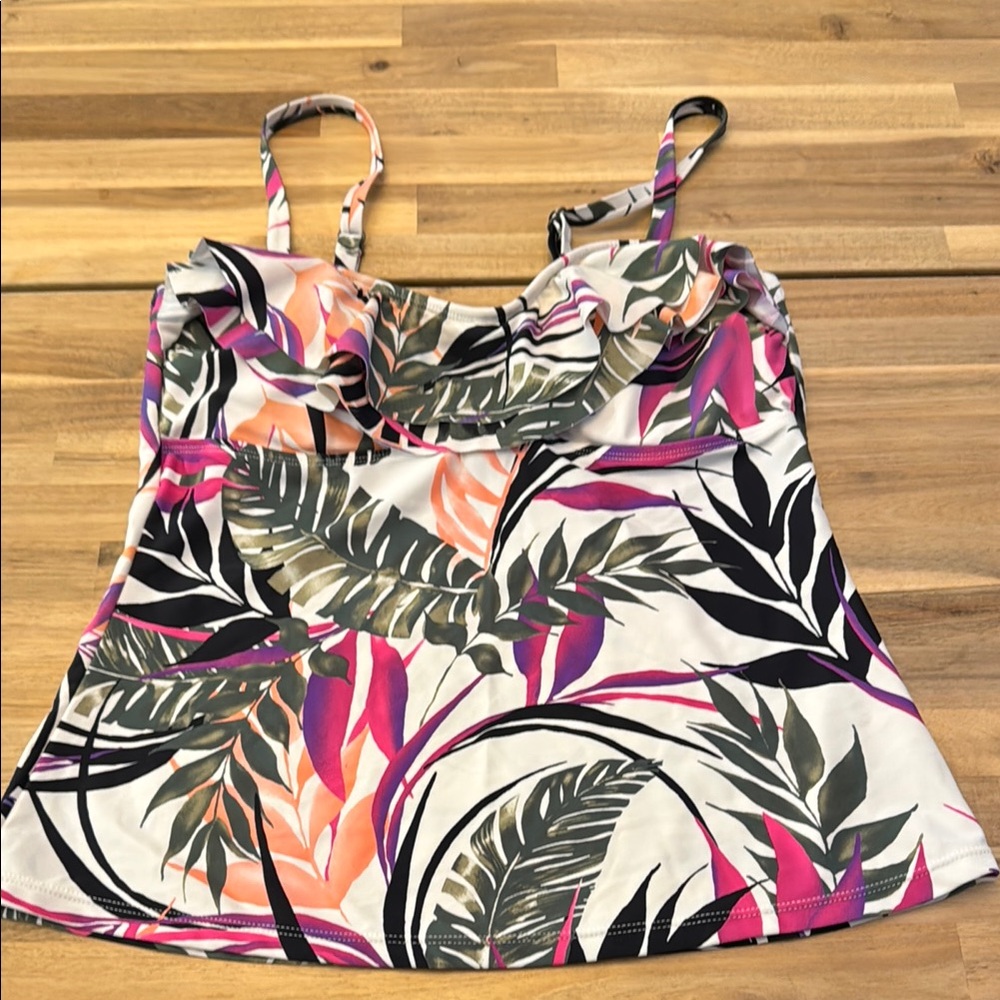 Island Escape Gray and Pink Fitted Ruched Camisole Swim Suit Top - Size 10